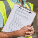 Close-up of home inspector holding a checklist on a clipboard with a pen.